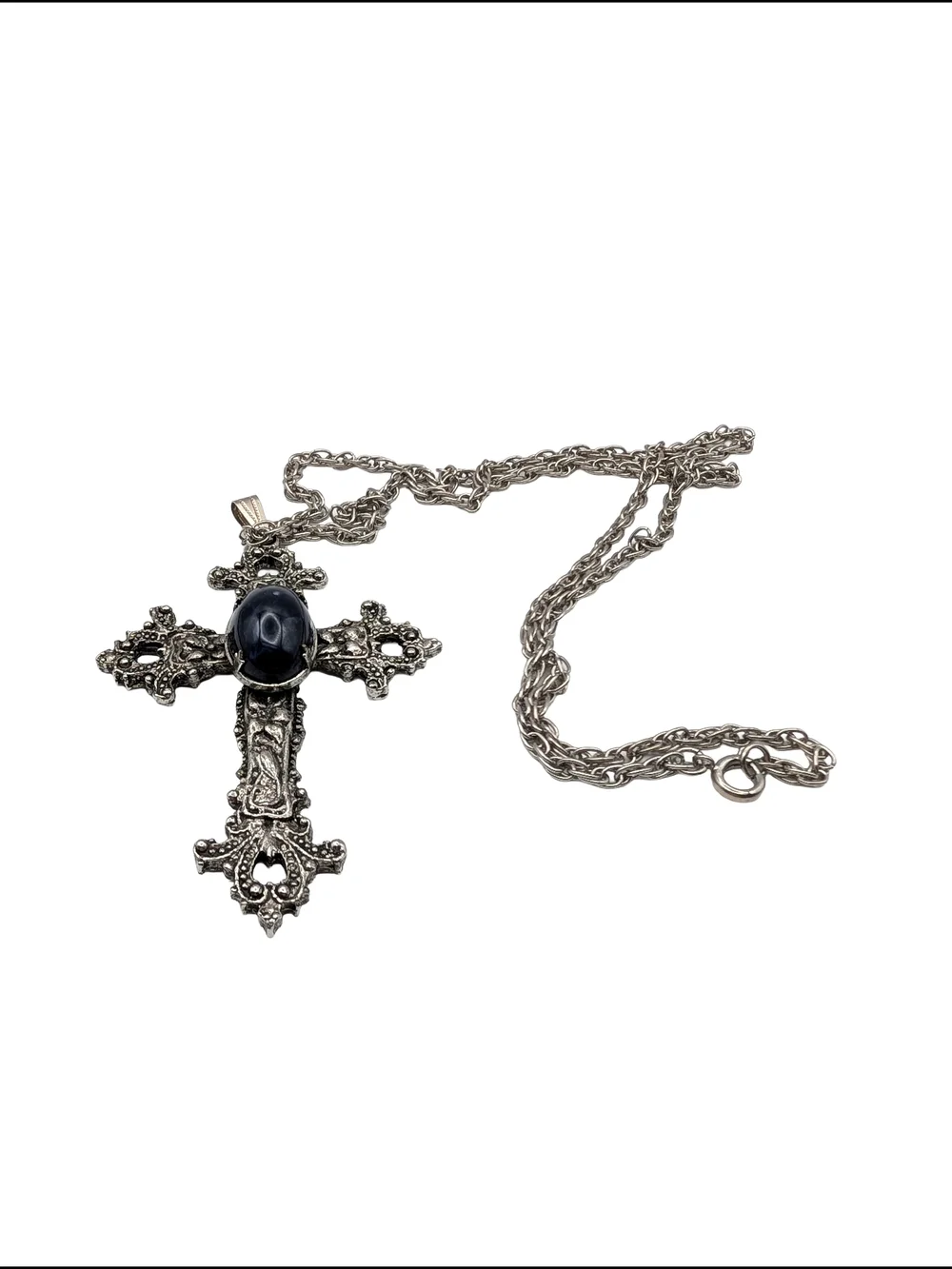 Vintage Navy Stone Silver Cross Pendant Necklace